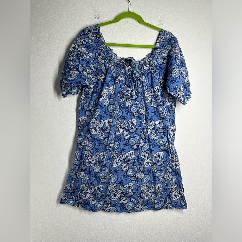 Bay Studio Blue Paisley Short Puff Sleeve Floral Blouse Top Size L Cotton